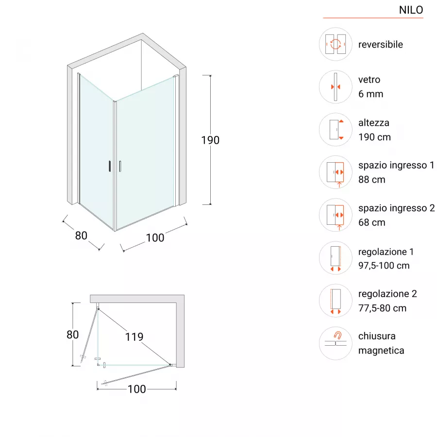 Box doccia 80x100 cm doppio battente in vetro temperato 6mm trasparente  190h - Nilo