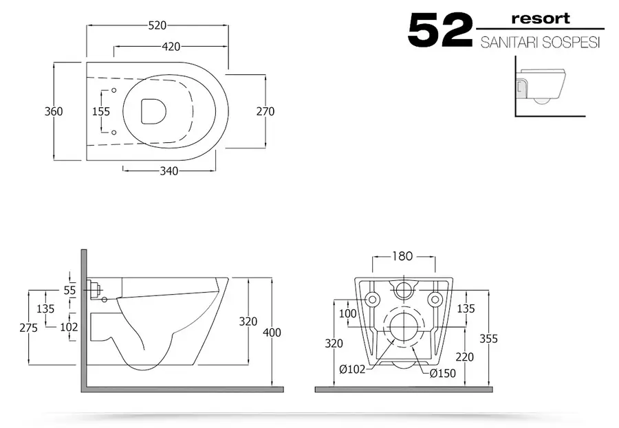 Mercurio - Sanitari sospesi in ceramica bianca squadrati wc rimless sedile  softclose