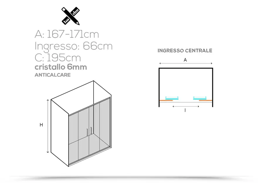 Porta doccia 170 cm nicchia scorrevole centrale cristallo anticalcare 195h