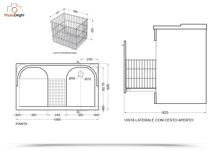 Duo portalavatrice con cesto portabiancheria vasca destra
