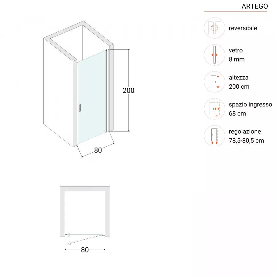 Porta doccia battente 80 cm per nicchia vetro temperato trasparente 8 mm  anticalcare - Artego