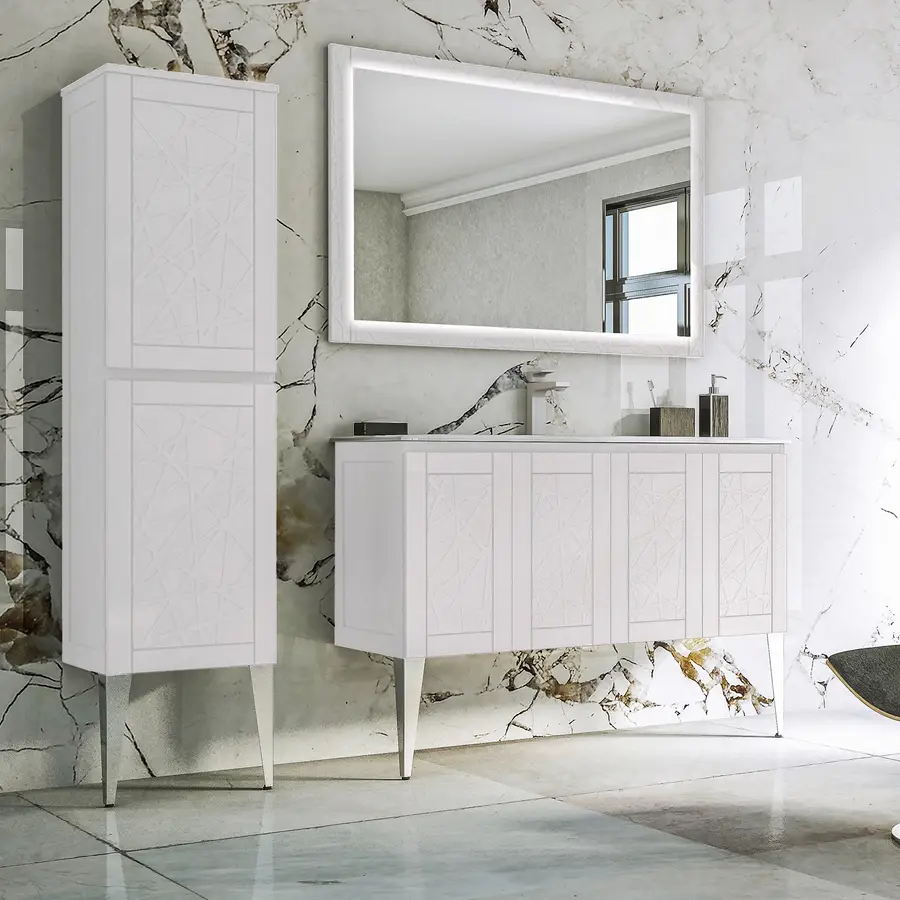Mobile bagno bianco opaco 120 cm a terra lavabo ceramica e colonna con  specchio led con