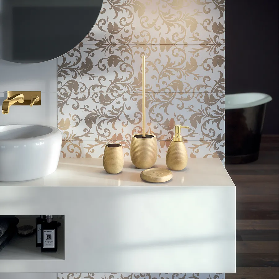 Scopino per WC dorato, scopino per WC, manico in oro e tre accessori per la testina bianca, spazzola di ricambio, adatta per applicazioni sanitarie. (White Brush Head