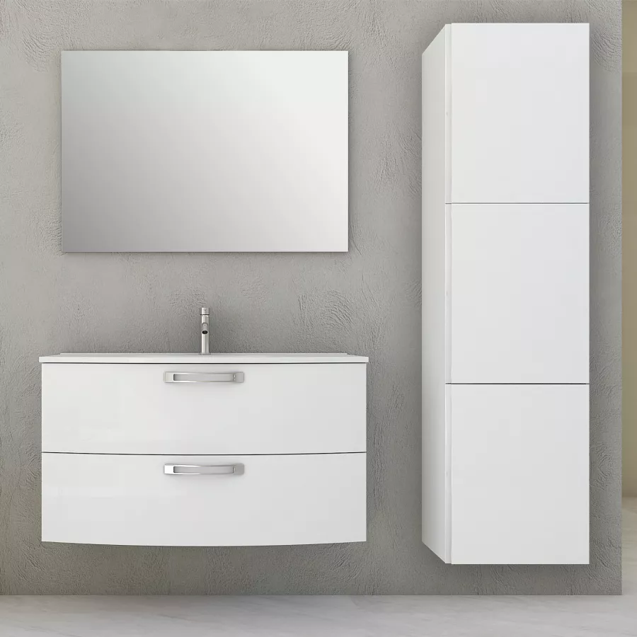 Mobile bagno bianco lucido 100 cm sospeso moderno curvo con lavabo ceramica  specchio e colonna 170 cm Mod. Berlino, Arcshop