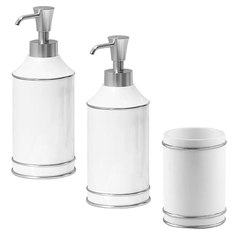 Set accessori bagno da appoggio con doppio dosasapone e porta spazzolini in  resina bianco e argento