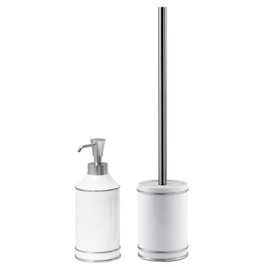 Set accessori con dosasapone e porta scopino wc da appoggio in resina  bianco e argento