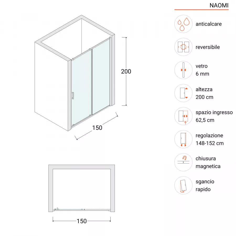 Porta doccia 150 cm nero porta scorrevole vetro temperato