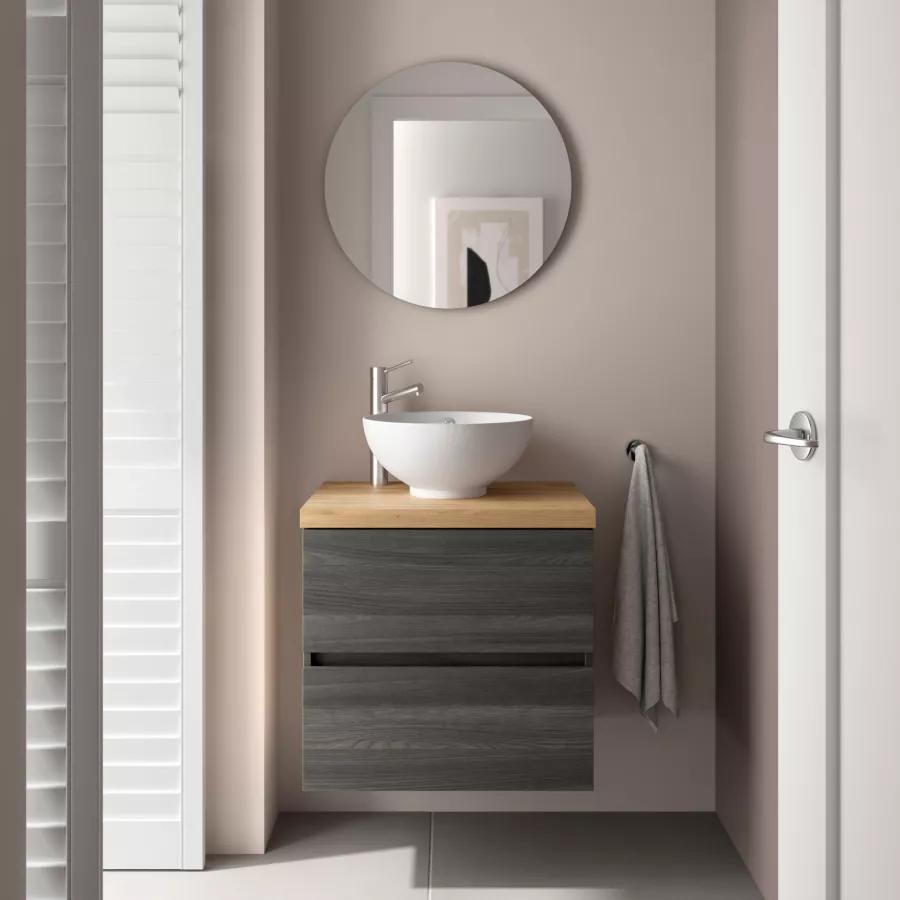 Mobile bagno sospeso 60 cm rovere cenere con top chiaro e specchio per  lavabo - Fully