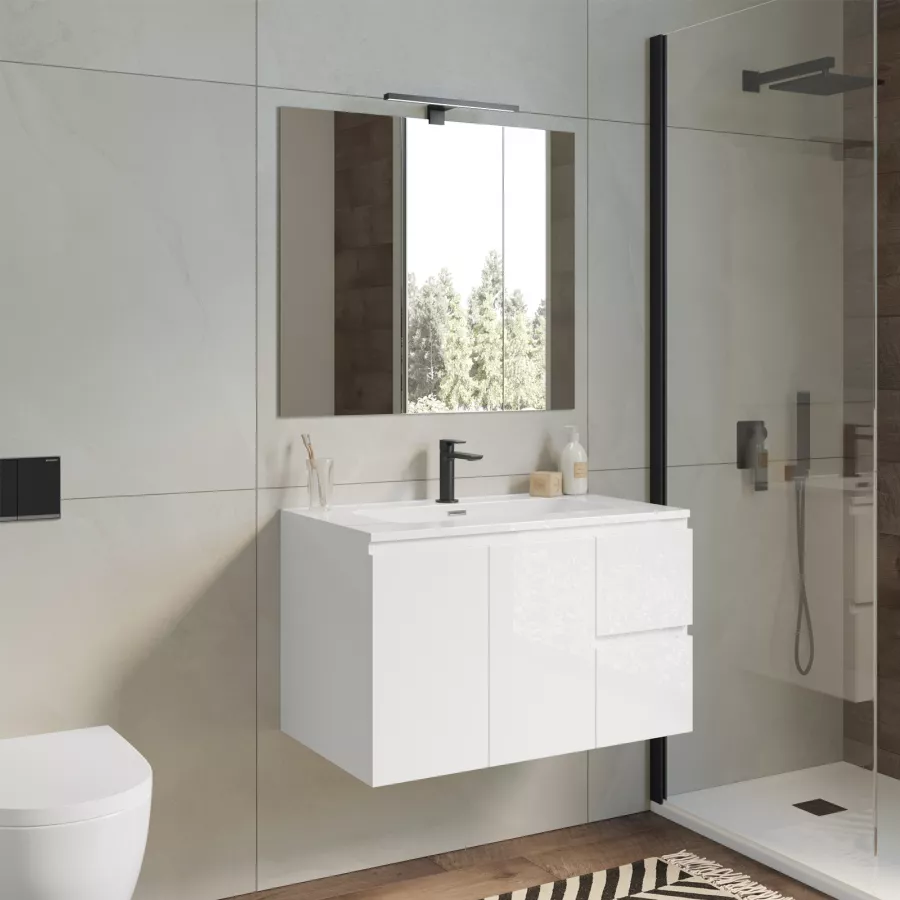 Mobile sospeso 80 cm bianco lucido 2 ante con lavabo e specchio - Fergy