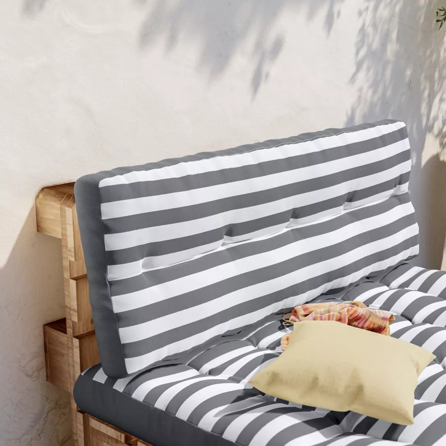 Cuscino imbottito per schienale a righe bianco e grigio per divano pallet