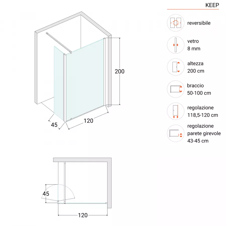 Box doccia 120 cm con anta girevole 45 cm vetro anticalcare trasparente e  profilo cromo 200h 