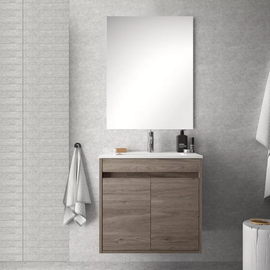 Mobile bagno 60 sospeso con doppia anta rovere tundra con lavabo e specchio  - Medora