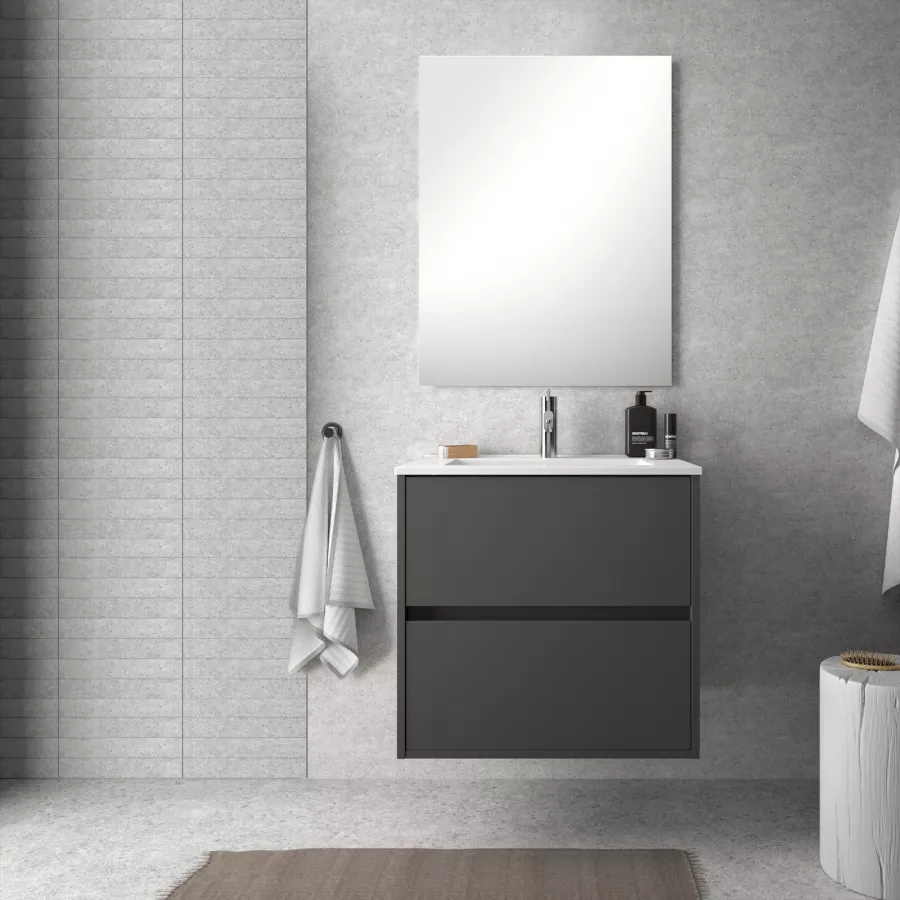 Mobile bagno sospeso 60 cm grigio mercurio opaco con cassettoni e lavabo e  specchio inclusi - Medora