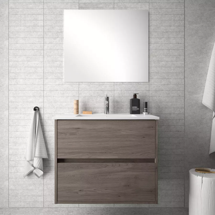 Mobile bagno rovere tundra da 70 cm sospeso con lavabo in porcellana e  specchio - Medora