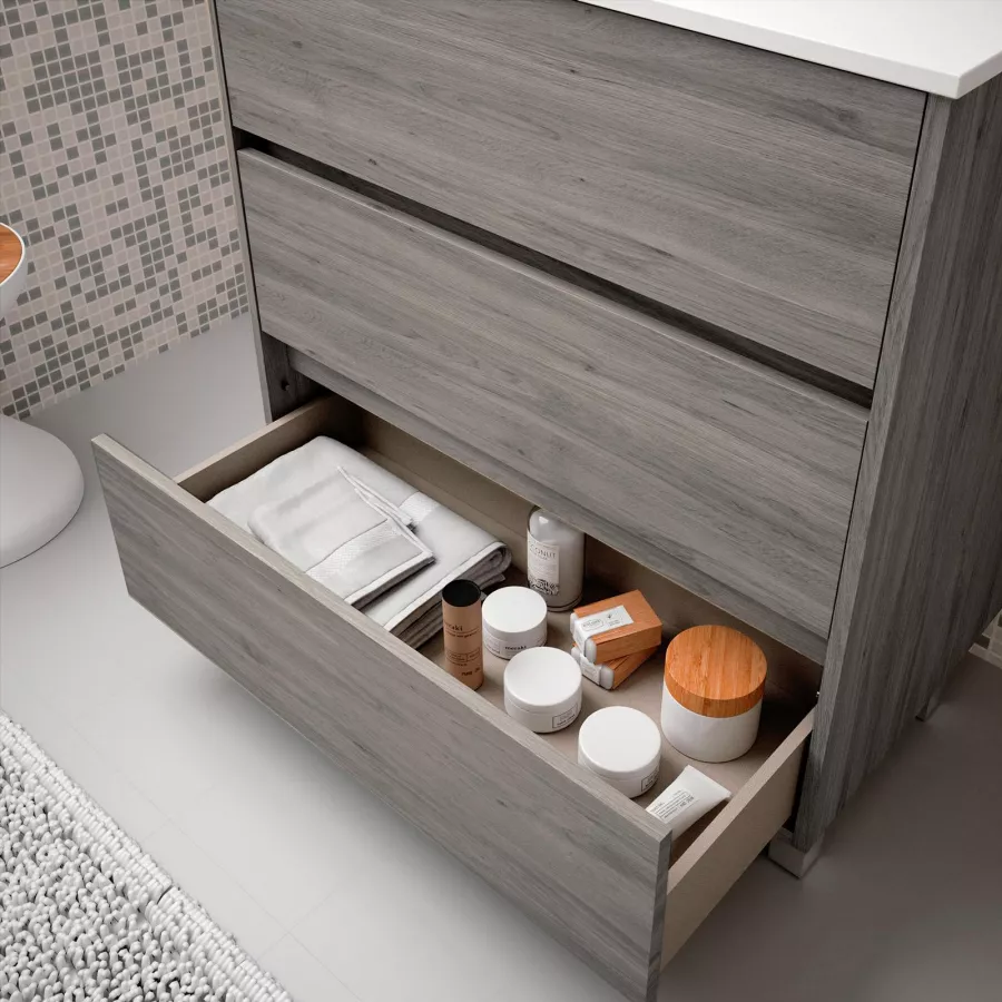 Mobile bagno a terra 80 cm rovere tundra con cassettoni con lavabo in  porcellana e specchio 