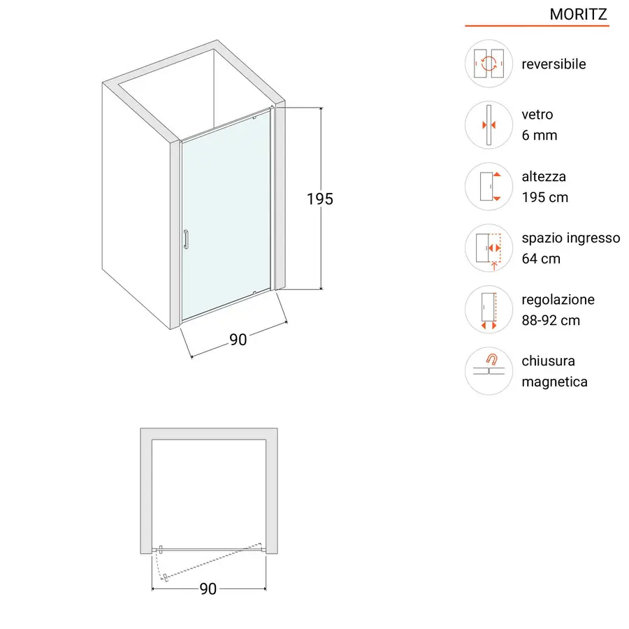 Box doccia nicchia 90 cm battente vetro temperato opaco profilo cromo 195h  - Moritz