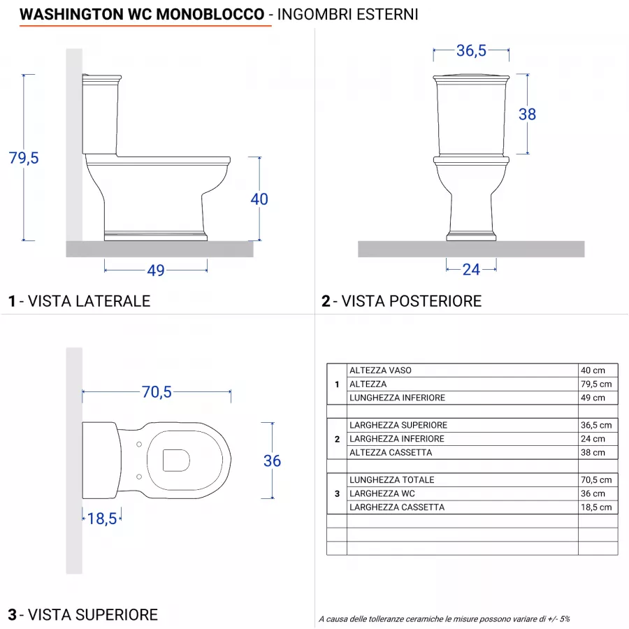 Vaso monoblocco in ceramica con sedile bianco - Washington