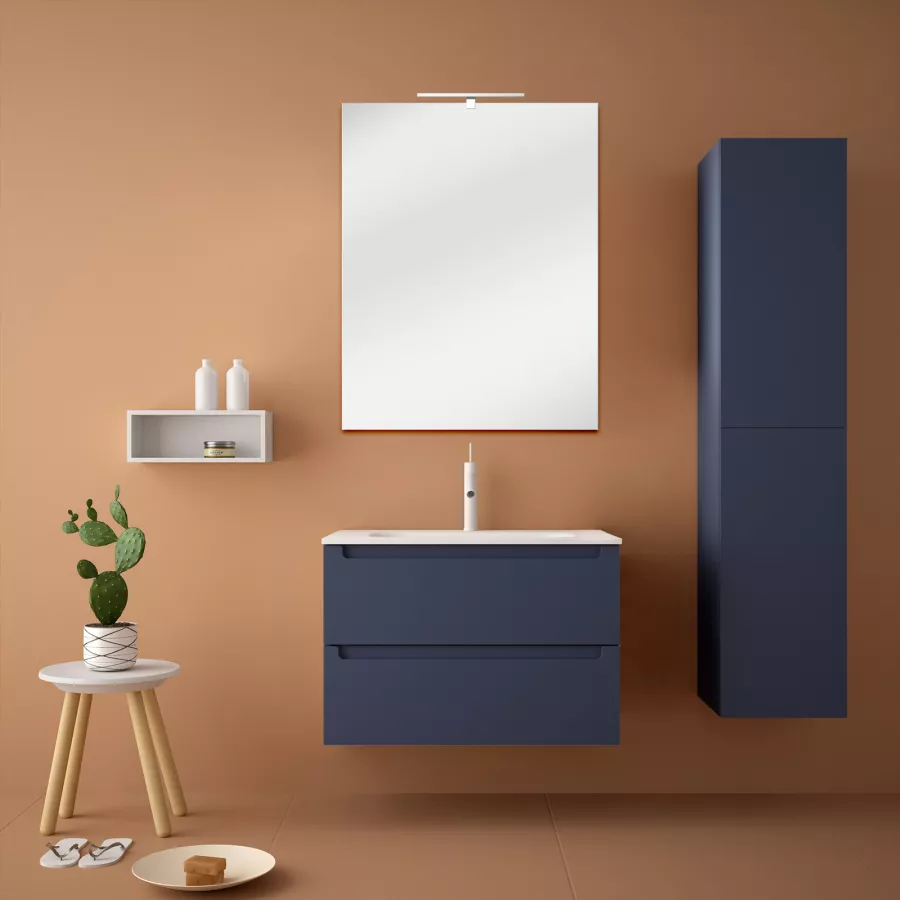 Mobile bagno sospeso blu notte da 80 cm con lavabo integrato specchio e  colonna 160h cm 