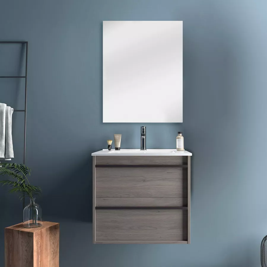 Mobile bagno sospeso 60 cm con 2 cassetti e specchio in rovere scuro -  Maestro