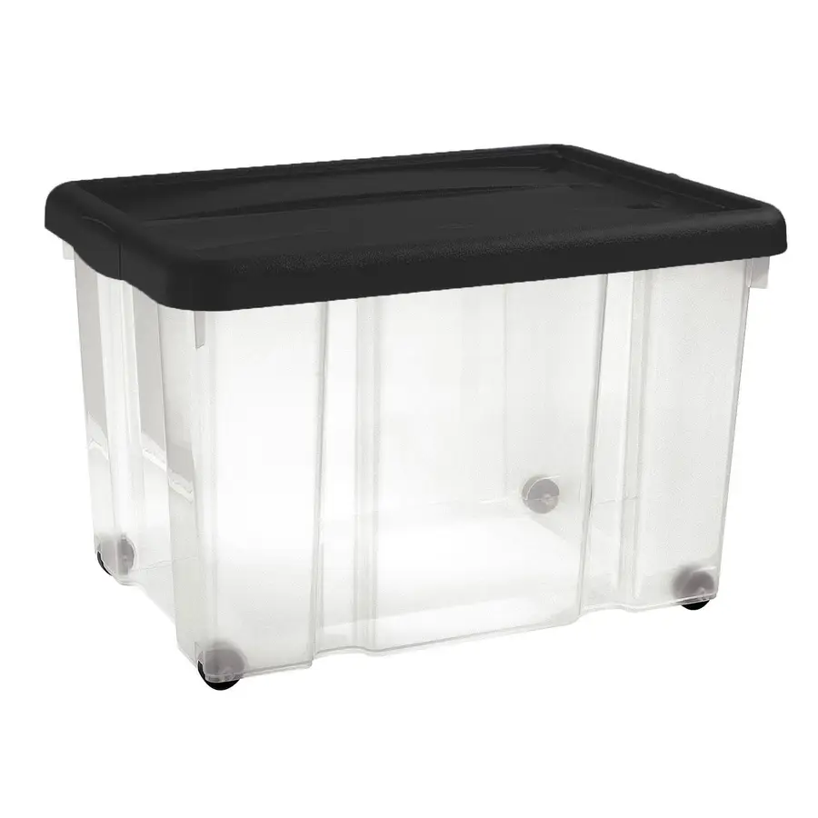 Box in plastica trasparente coperchio a scatto grafite ruote alla base 60  litri