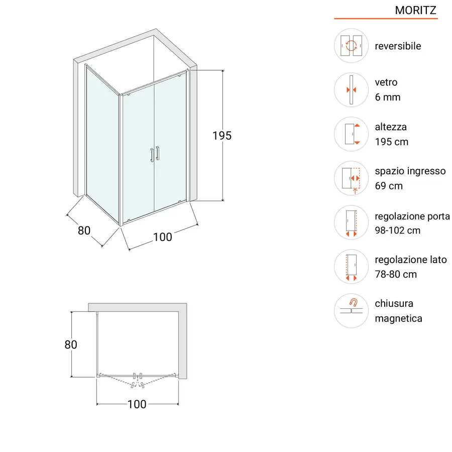 Box doccia nicchia 80 cm doppio battente vetro temperato opaco profilo  cromo 195h - Moritz