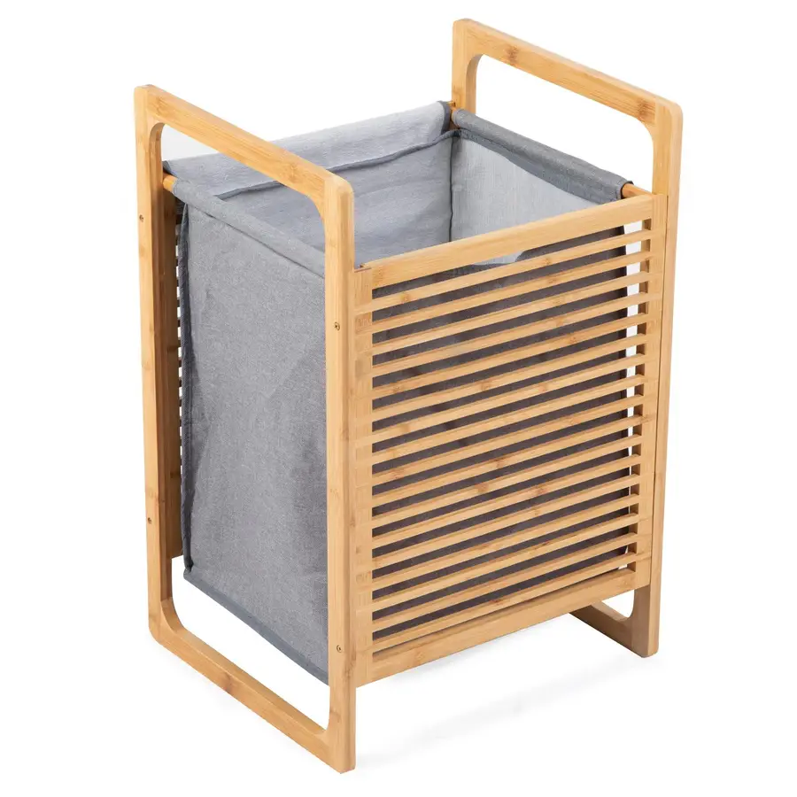 Cesto portabiancheria con due sacchi estensibili Bianco 2x30 litri  Struttura in legno di bambù Design ML