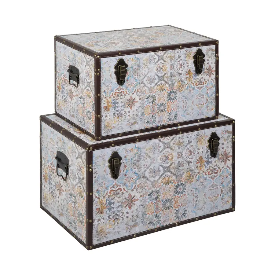 Baule in legno e similpelle con pattern geometrico fantasia set 2 pezzi  multicolore