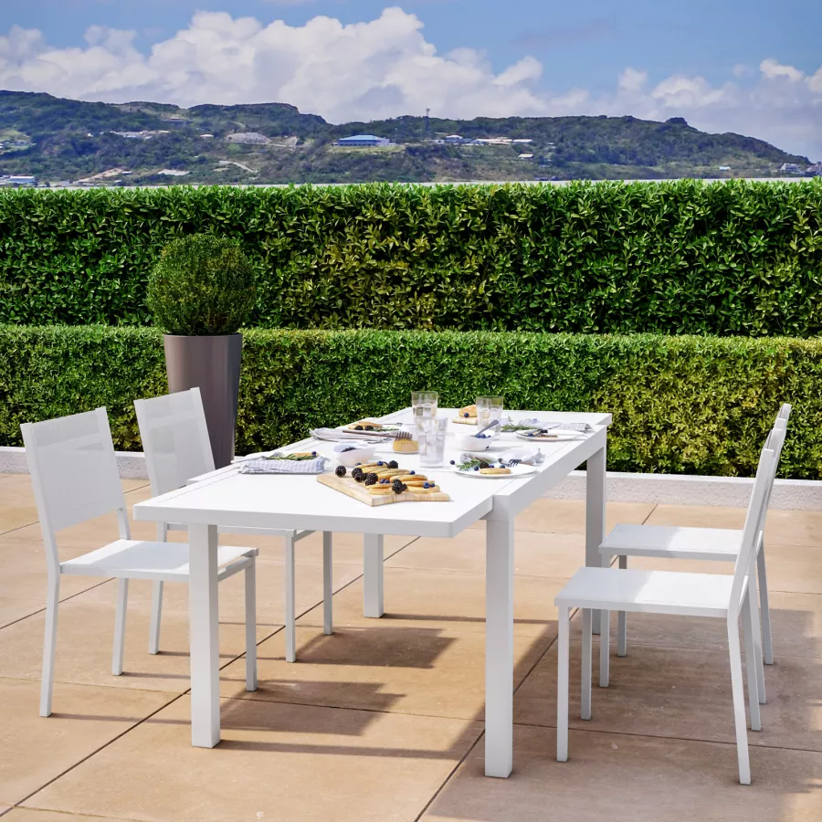 Set pranzo tavolo 160/240x90 cm e 4 sedie in alluminio e textilene bianco -  Carioca