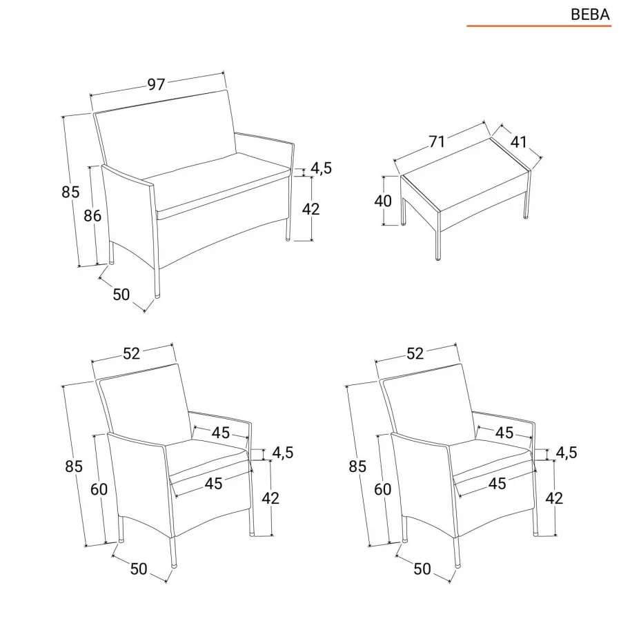 Set relax 4 posti in polyrattan cioccolato con cuscini e tavolino