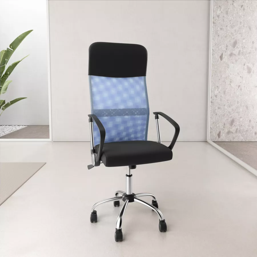 Poltrona da ufficio girevole in tessuto mesh nero con schienale traspirante  azzurro e similpelle nera - Active