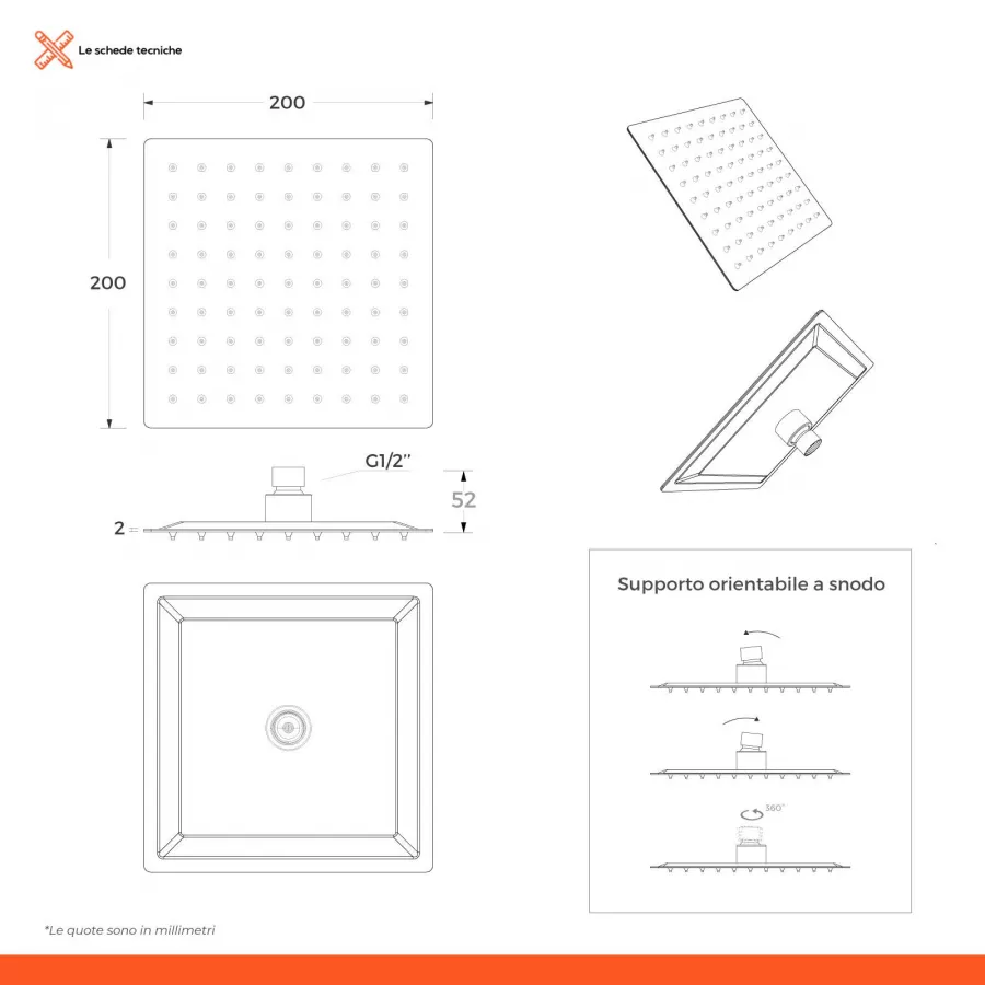 Braccio design squadrato per Soffione Doccia quadrato