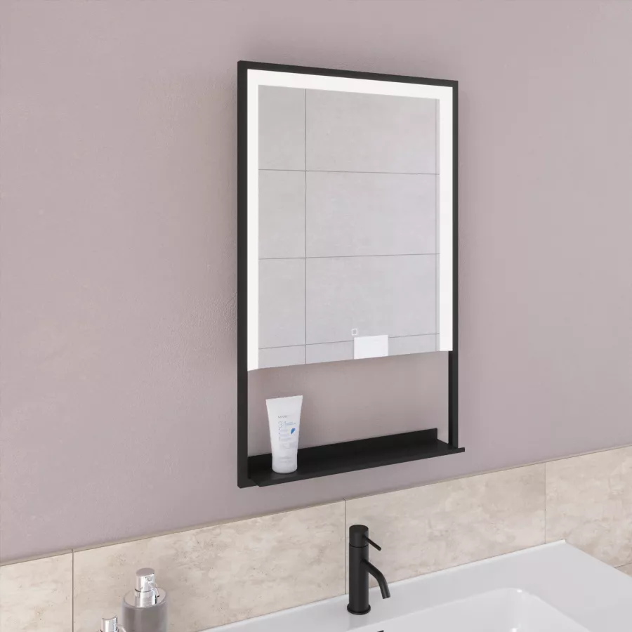 Specchio led 50x80 cm luce fredda con cornice nera e mensola accensione  touch - Obel