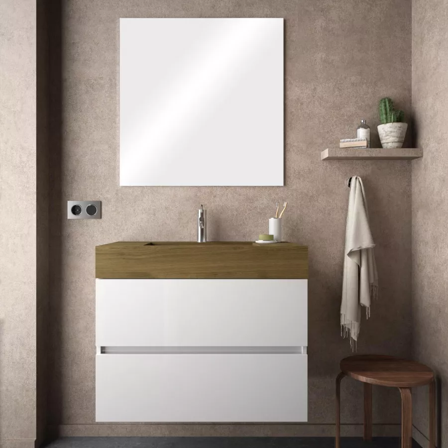 Mobile bagno sospeso 80 cm bianco lucido con lavabo in hpl rovere boemo e  specchio - Jalama