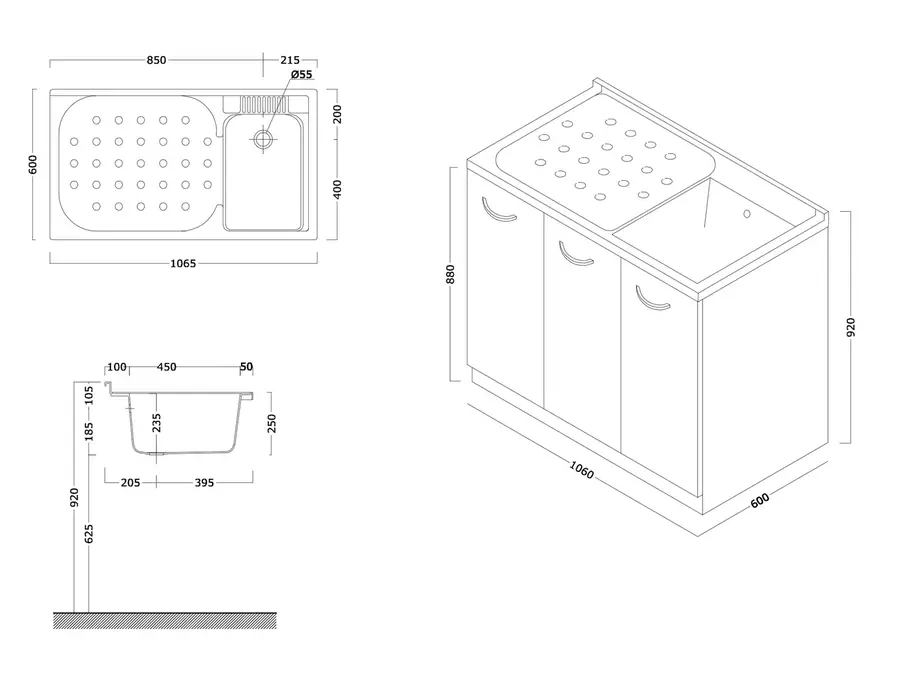 Coprilavatrice da interno 106 x 60 cm con 3 ante con asse in legno, per  lavatrice