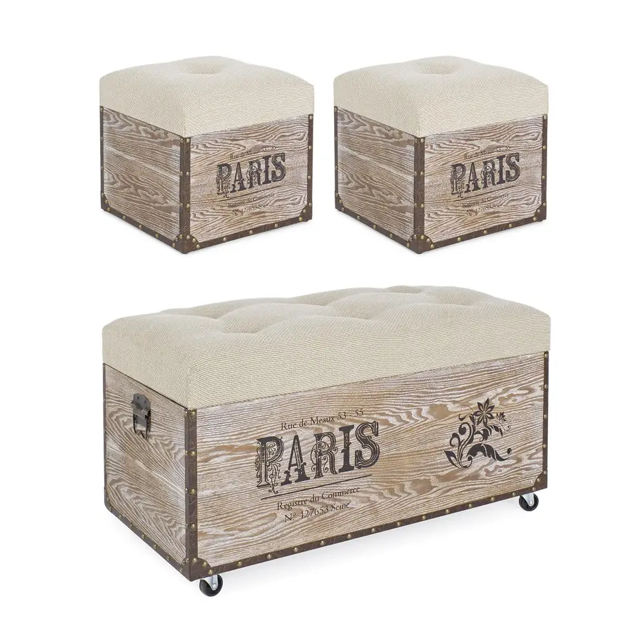 Set 3 pouf bauli contenitore struttura in legno e seduta imbottita - Paris