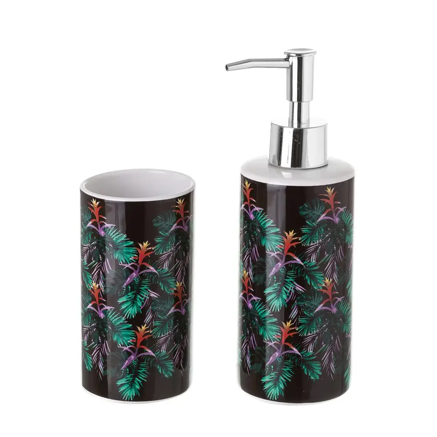 Set 2 accessori bagno ceramica dosasapone e bicchiere fantasia multicolor  tropical