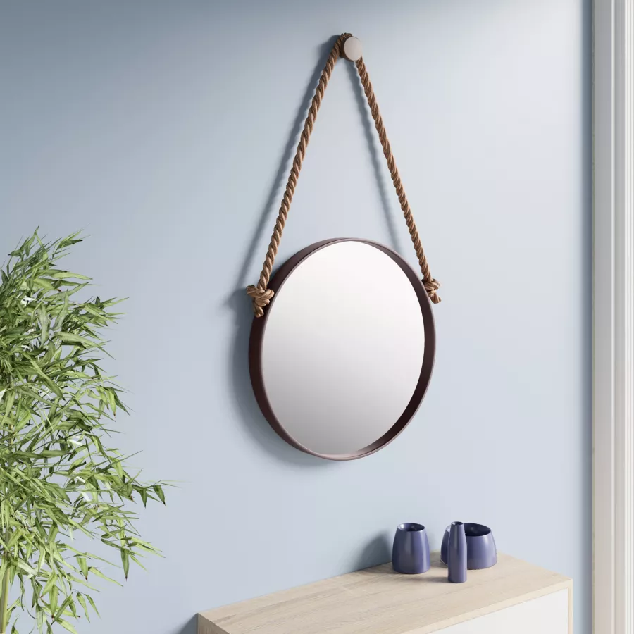 Specchio tondo da parete Ø50 cm cornice in metallo marrone e corda - Wiki