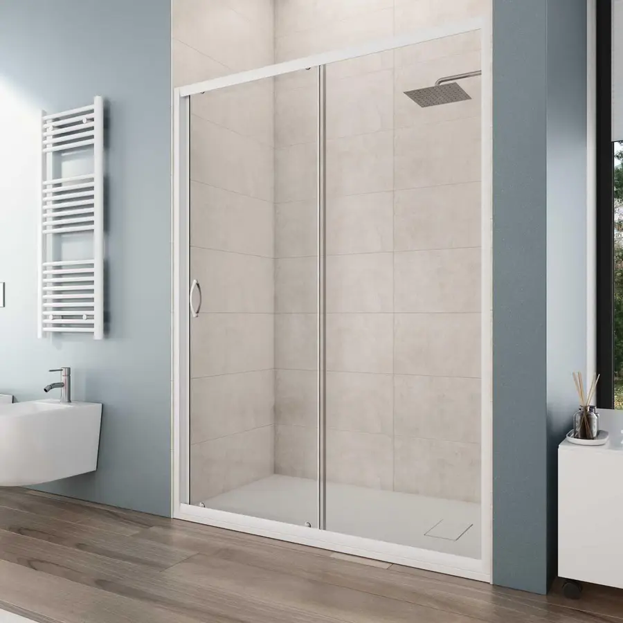 Porta doccia scorrevole per nicchia 140 cm in vetro temperato trasparente  con profili bianchi - Teen