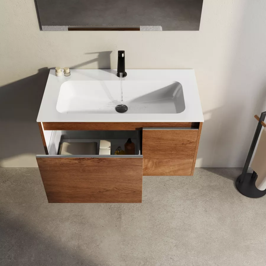 Mobile bagno sospeso 80 cm color noce nativo con lavabo e specchio - Edith