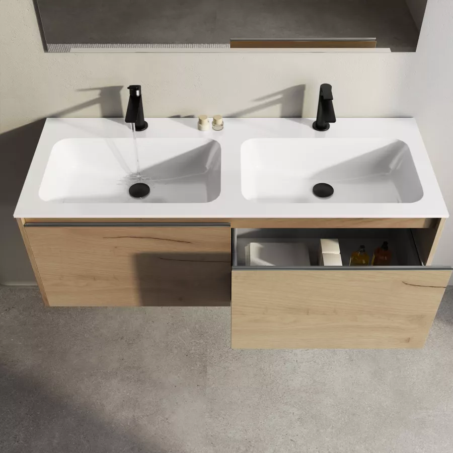 Mobile bagno sospeso 120 cm color rovere con doppio lavabo e specchio -  Edith