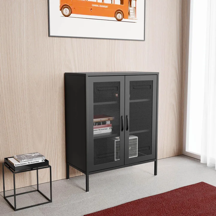 Armadietto Cucina Alto 80x40x140 Cm - 2 Ante E 5 Cassetti, Nero, Multiuso Per Soggiorno O Sala Da Pranzo