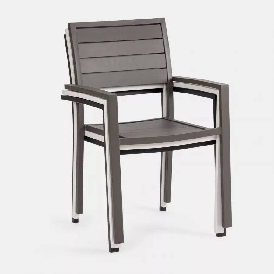 Set pranzo tavolo 105/210x75 cm e 4 sedie con braccioli a doghe in  alluminio bianco 