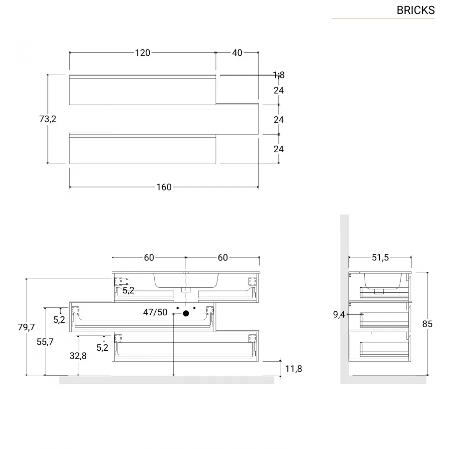 Mobile bagno sospeso 160 cm rovere caramel con lavabo boiserie e specchio -  Bricks