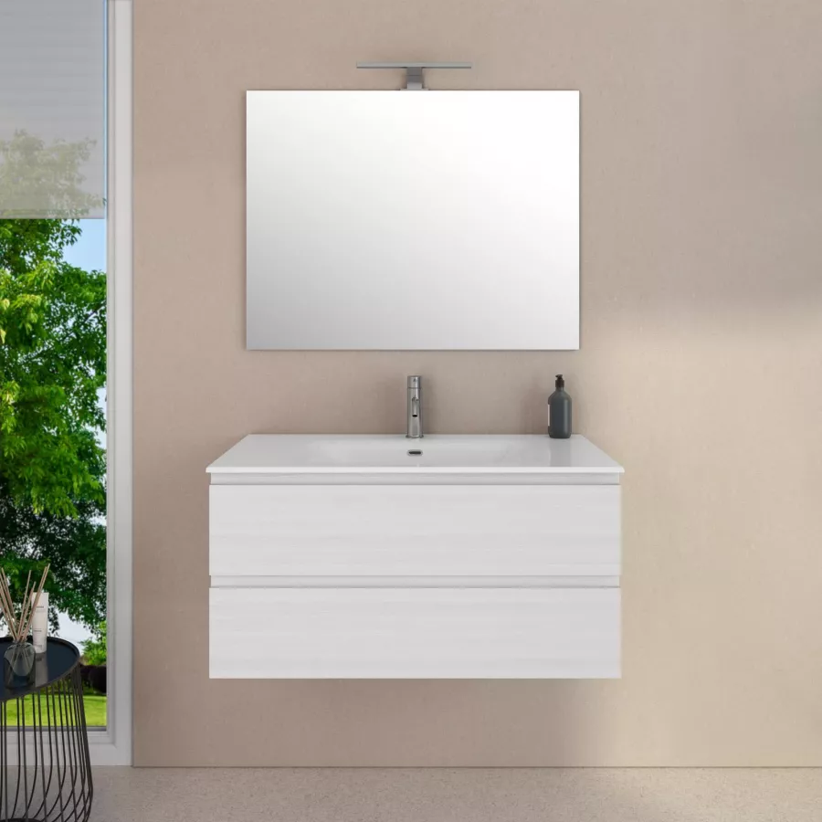 Mobile bagno moderno da 90 cm, bianco frassinato