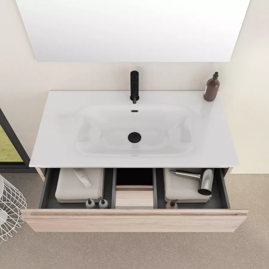 Mobile Bagno Sospeso da 600mm in Rovere Chiaro con Lavabo