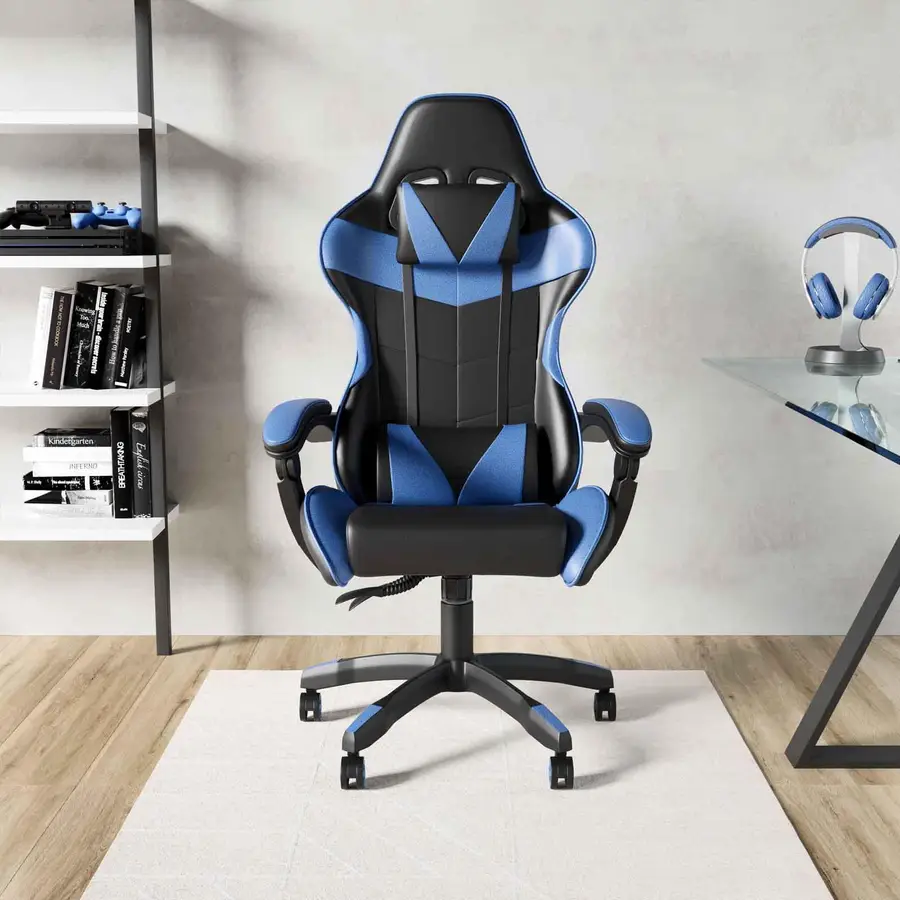Sedia da gaming girevole in similpelle nera e blu con braccioli regolabili  e altoparlante bluetooth - Overflow