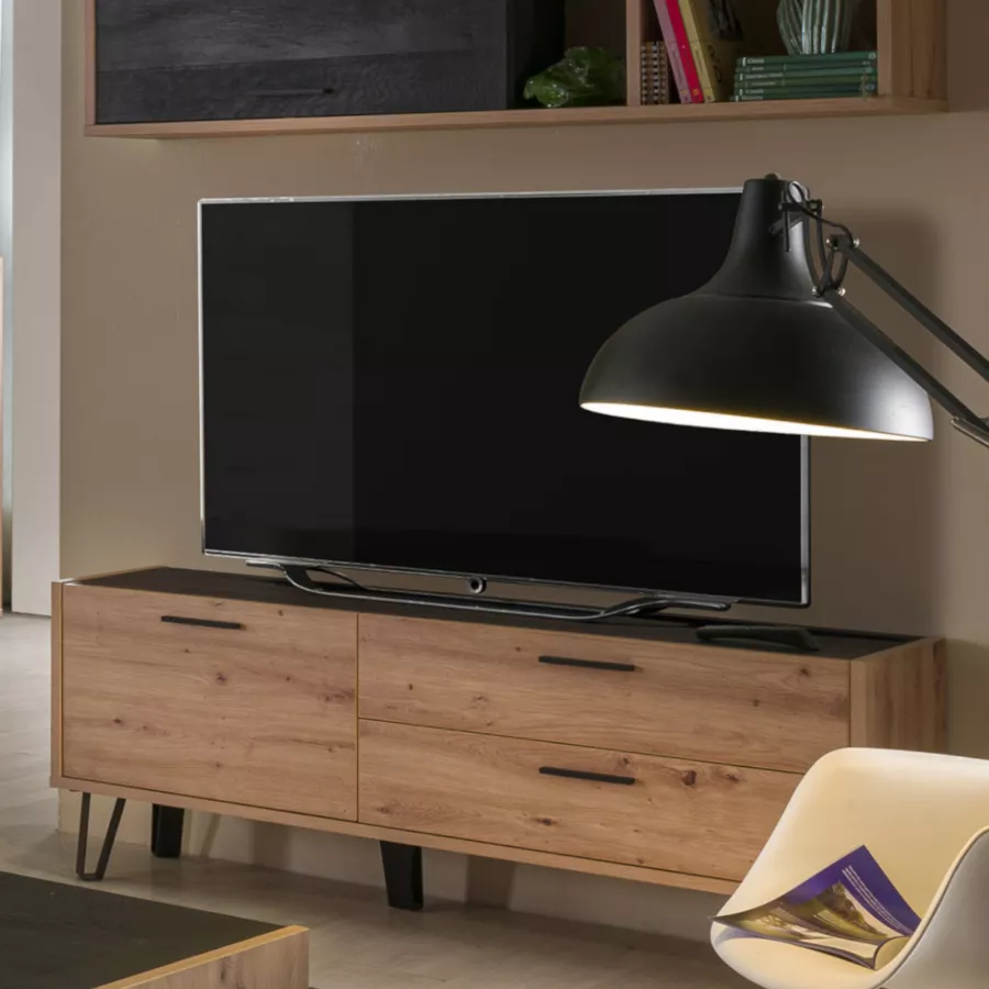 Mobile tv 150 cm con anta e 2 cassetti rovere artisan e nero