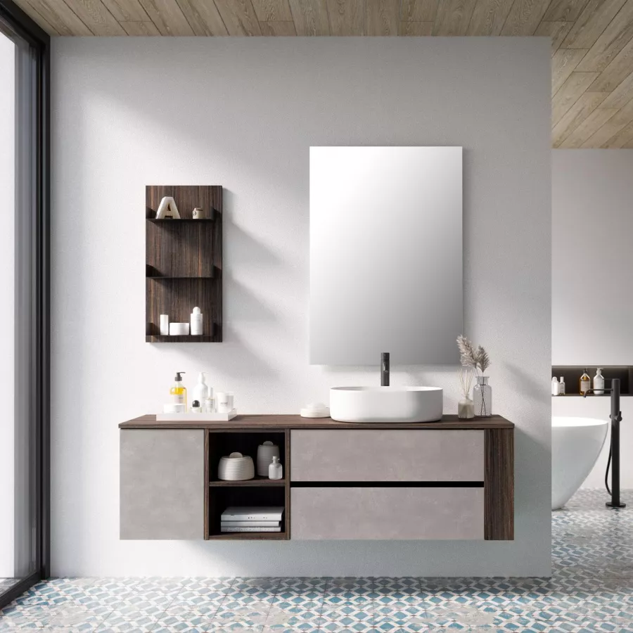 Mobile bagno sospeso 162 cm tortora boiserie a sx e specchio - Materia