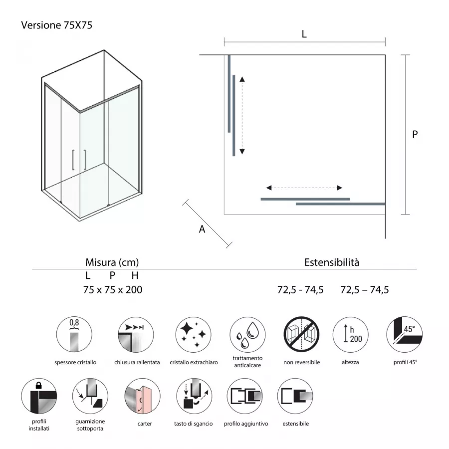 Box doccia angolare 75 x 75 cm (72,5 - 75 x 72,5 - 75)