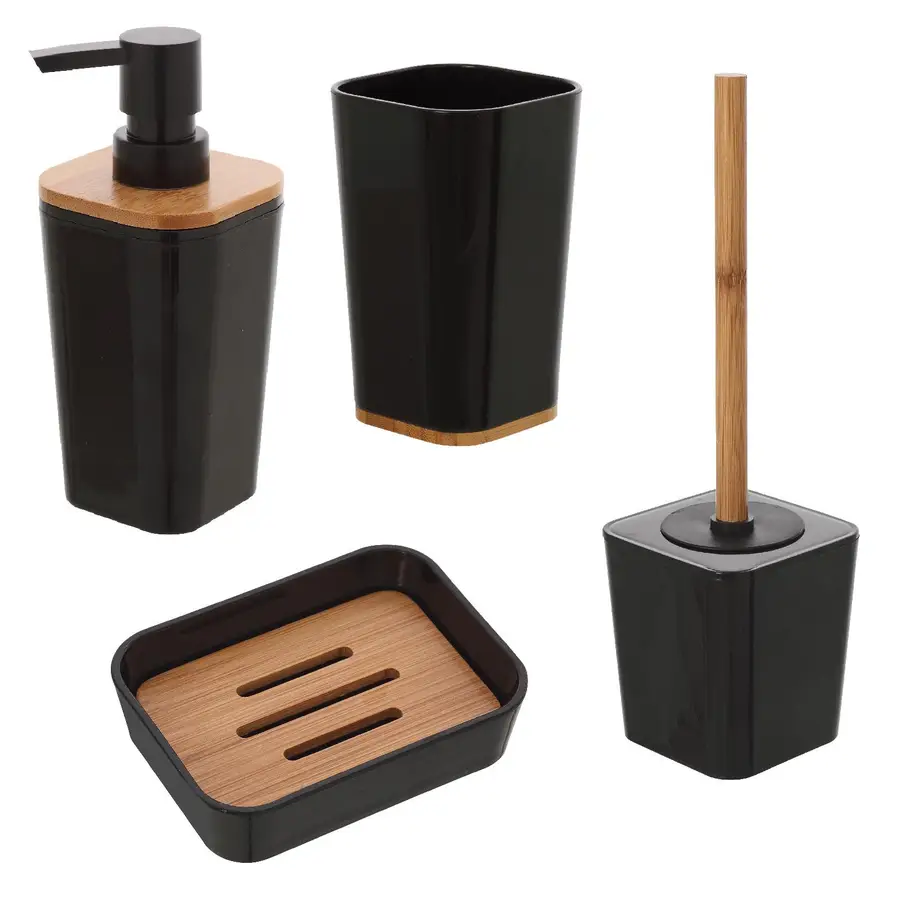 Set 4 accessori da bagno da appoggio nero effetto legno - Linea Bamboo